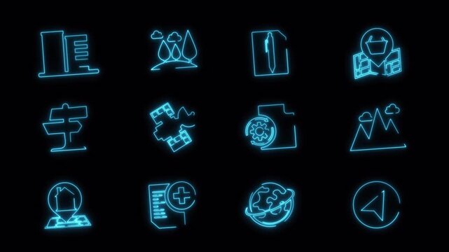 Neon blue medical and business icon set animation, glowing symbols collection on transparent background