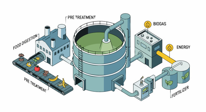 Isometric Biogas Plant Infographic illustrating Waste-to-Energy Process, Food Waste Digestion, Biofuel Production, Green Energy, and Organic Fertilizer.