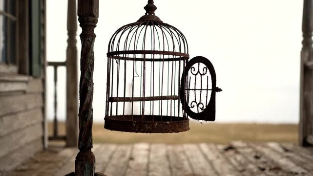 An old, empty birdcage hangs from a pole on a weathered wooden porch