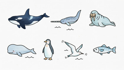 Charming collection of diverse Arctic marine animals and birds in a simple, whimsical style