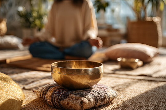Tibetan sound healer woman seated cross - legged in beige sweater and jeans, playing brass singing bowl on a woven cushion in sunlit bohemian room