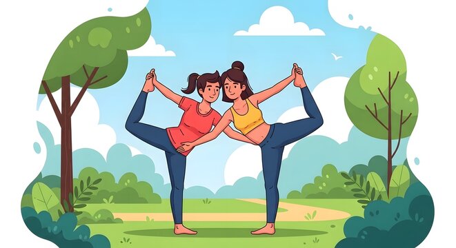 couple practicing acro yoga illustration partner yoga poses fitness wellness and healthy lifestyle artwork description a vibrant yoga illustration depicts a