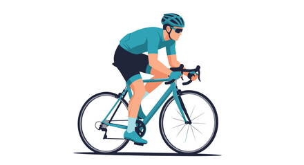 Naklejka premium Professional cyclist wearing a helmet and sunglasses rides a blue racing bicycle with intense focus and speed on a white background.