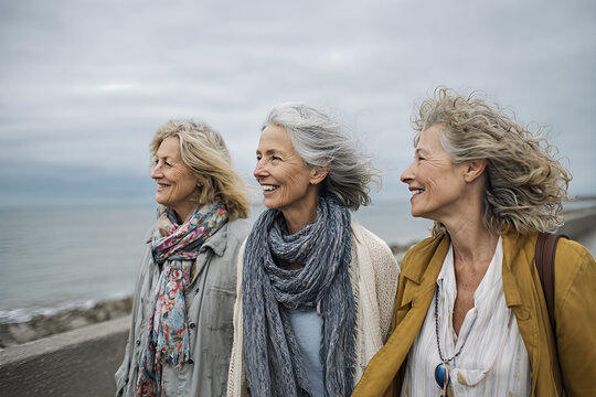Three mature retired women strolling a seaside promenade with wind - swept grey hair, colorful scarves and a mustard jacket, smiling toward the ocean