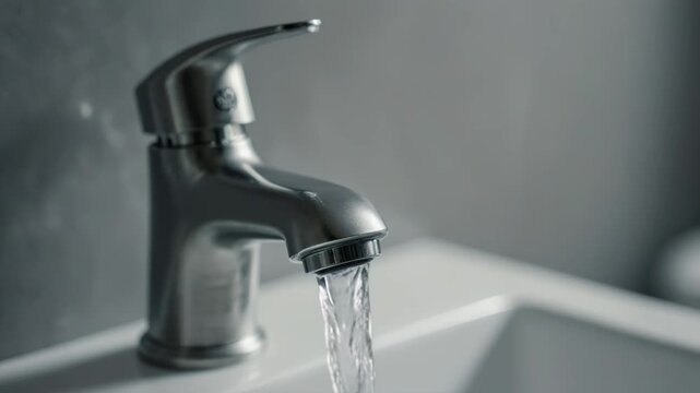 Water flows continuously from a modern chrome faucet into a white sink, showcasing the smooth stream and reflective surfaces in a contemporary bathroom setting