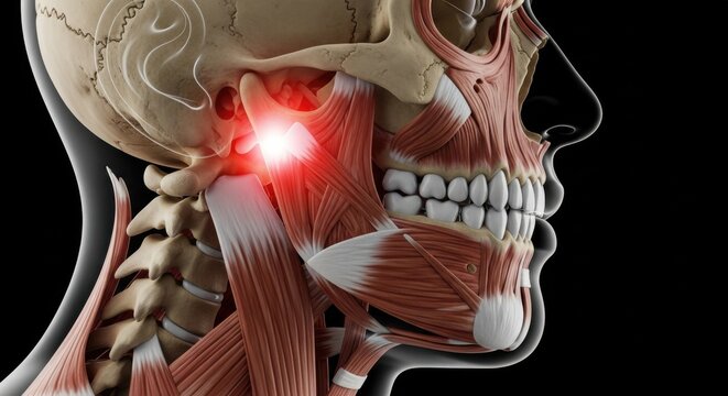 Human Jaw Anatomy Highlighting TMJ Joint Pain in Lateral View for Dental and Medical Healthcare Concept