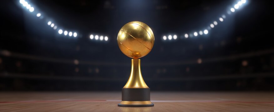 Golden basketball trophy shines on an indoor court in an NBA championship 3D illustration.