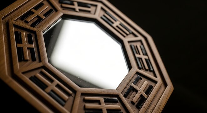 Octagonal wooden bagua mirror with intricate carvings and reflective surface against a dark background