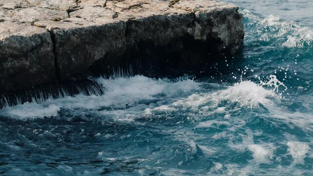 Water splashes against a rocky shoreline as waves crash, creating dynamic movement and ripples in the clear blue ocean water under bright sunlight