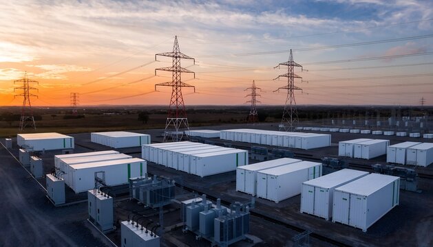 Aerial view of white BESS battery containers in organized rows, rural landscape, green fence, transformers, dramatic cloudy sky. Grid-scale energy storage infrastructure.