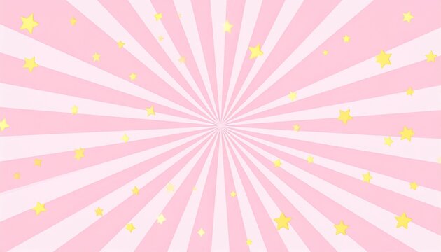 A vibrant radial burst background with pink rays and yellow sparkles radiates from the center