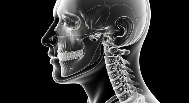 Human Head and Neck Anatomy with Labeled Cervical Vertebrae for Medical Diagnostics and Spinal Health Education