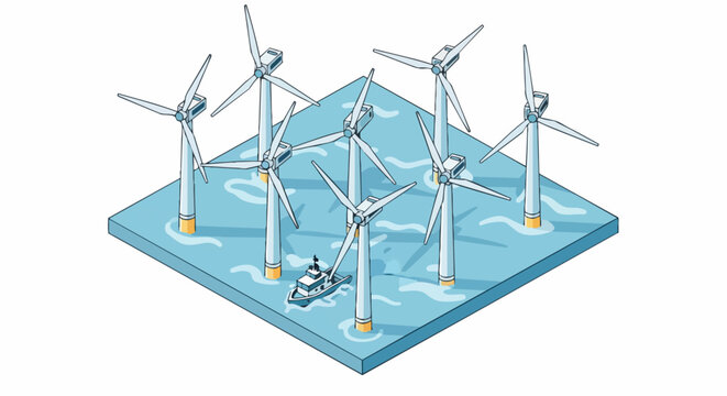 Isometric Illustration of an Offshore Wind Farm in the Ocean with Renewable Energy Turbines and a Maintenance Boat