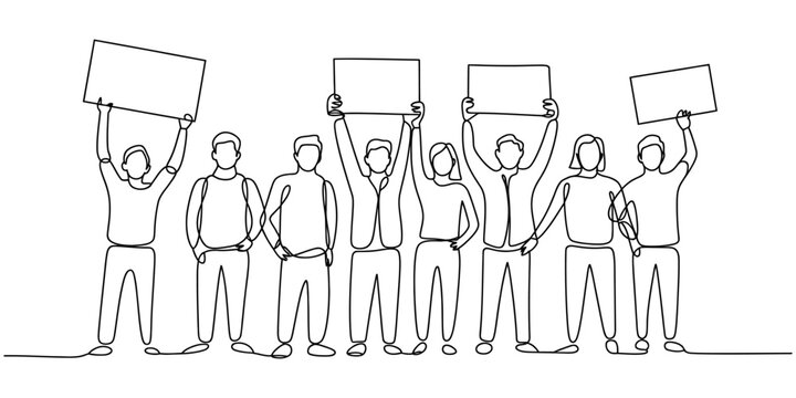 Protesting crowd with banners continuous one line drawing protest concept