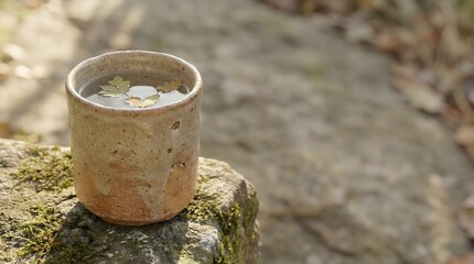 Naklejka premium handmade ceramic cup on mossy stone outdoors with water