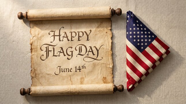 Happy Flag Day Scroll with Folded American Flag on June 14th