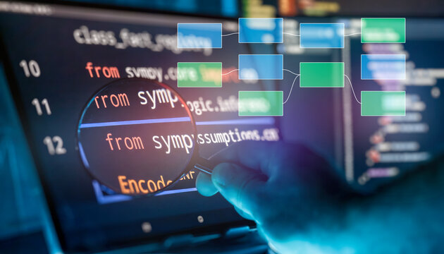 Code Analysis and Software Architecture Review Concept with Magnifying Glass and Flow Diagram Overlay