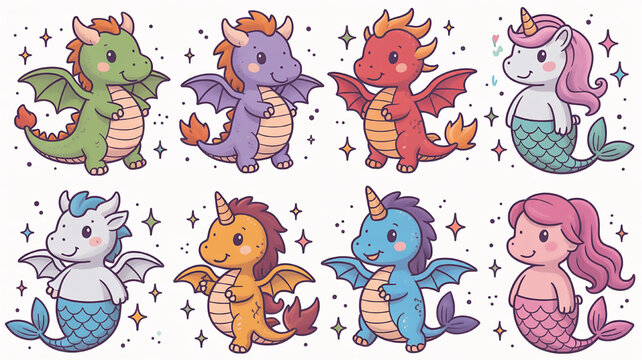 Collection of cute fantasy creatures including dragons and mermaids with unicorn horns in a whimsical flat illustration style perfect for childrens books and fantasy-themed designs