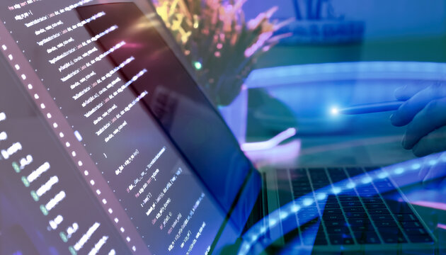 Stylized programming scene with digital overlay