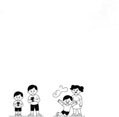 Fototapeta premium Two boys look at phones while another child plays outdoors with two others, representing the divergence in childhood activities and the prevalence of digital devices.