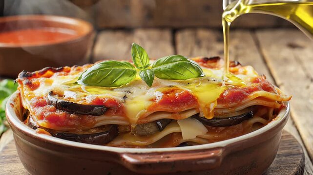 Delicious Eggplant Lasagna Being Drizzled with Olive Oil.
