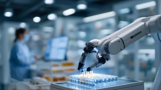 Automated robotic pharmacy arm selecting precise medication vial from illuminated storage grid blue LED glow reflecting on sterile white surfaces technician monitoring digital inve