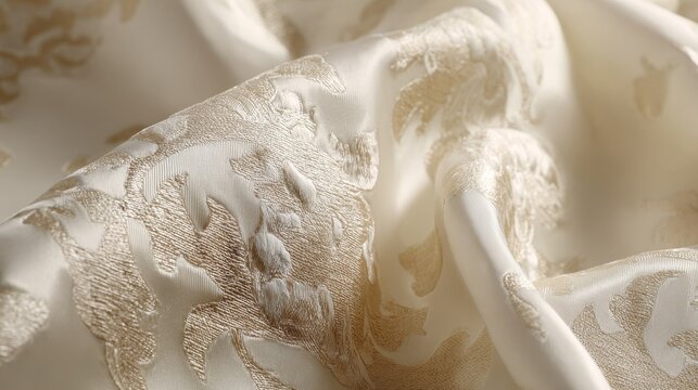 Elegant Close-up of Ornate Woven Silk Fabric with Intricate Gold Patterns