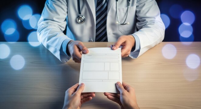 Professional Doctor Handing Medical Form to Patient in Clinic for Healthcare Insurance and Prescription Services