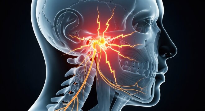 Human Skull Anatomy Showing TMJ Pain and Nerve Inflammation for Dental Healthcare and Chronic Pain Management Concepts