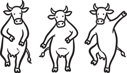 Three cartoon cow silhouettes dancing upright, simple black white playful modern fun stylish design © Pemarathna