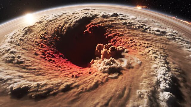 Cinematic ultra close up footage of colossal cosmic storm vortex with swirling turbulent cloud bands glowing in fiery red orange