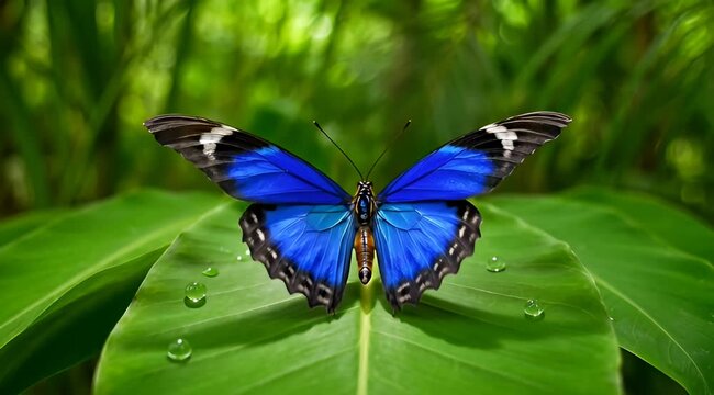 Majestic blue butterfly with intricate wing patterns resting gently on a leaf