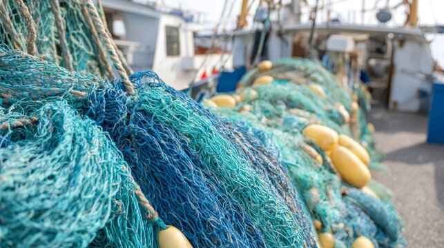 Fishing nets ropes weights piled on boat deck, maritime texture background with tangled lines, coastal industry detail, weathered surface, nautical working scene, ocean concept