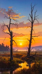 Naklejka premium A serene landscape with a sunset over a body of water
