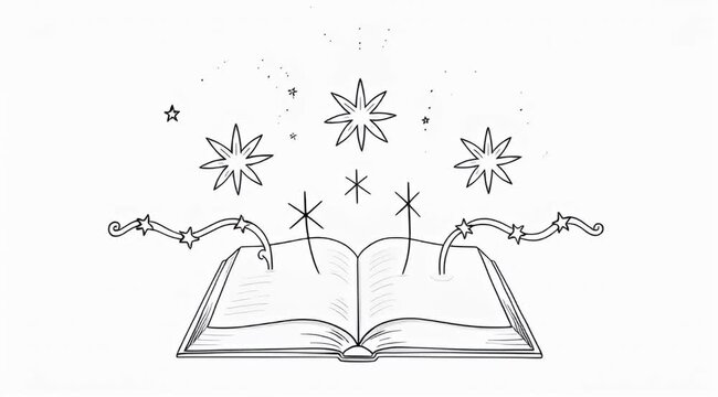 A handdrawn book with stars shining out of it in black and white