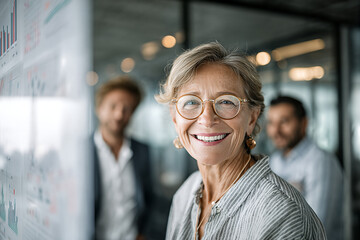 Fototapeta premium Smiling senior businesswoman with gold - rimmed round glasses and striped blouse leading a meeting by a glass whiteboard with charts, blurred colleagues behind