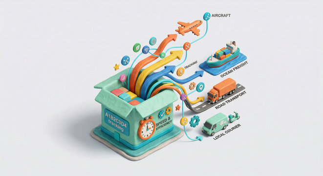 3D Plasticine Model of a Logistics and Tracking System, featuring an Open Box with Exploding Transport Icons, a Tracking Number, an Efficiency Clock, and Modes of Transport.