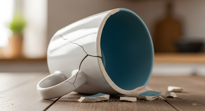 A once functional white ceramic mug, now shattered into multiple pieces, lies fallen on a warm wooden table, illustrating concepts of breakage, damage, and fragility in a domestic setting