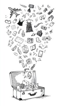 Illustration shows a hand-drawn suitcase with various travel items like clothes and toiletries floating above it, symbolizing vacation packing.