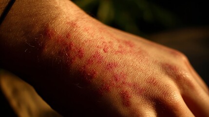 Fototapeta premium Close-up of a red, bumpy skin rash on an arm indicating inflammation and irritation