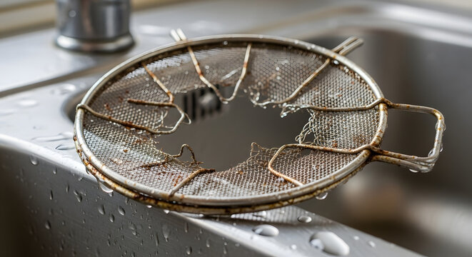 A discarded and severely damaged rusty metal mesh strainer lies abandoned in a wet kitchen sink, symbolizing the end of its functional life and the necessity for renewal