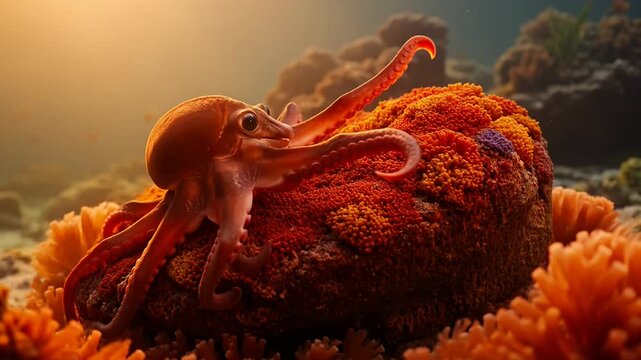 Charming octopus on a coral reef with a warm and inviting aesthetic