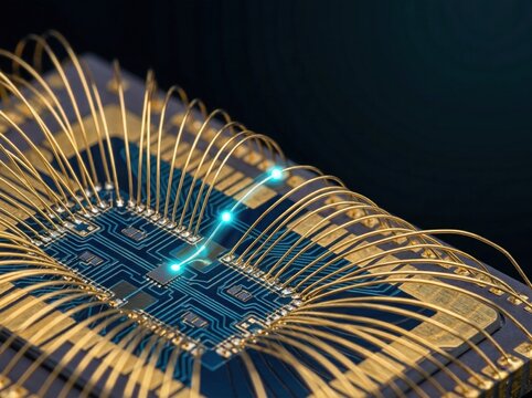 Close up of bonded quantum chip with glowing nodes and gold wire connections showcasing qubit architecture and microelectronics research