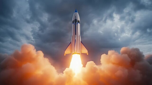 A futuristic rocket blasting off against a dramatic cloudy sky backdrop image
