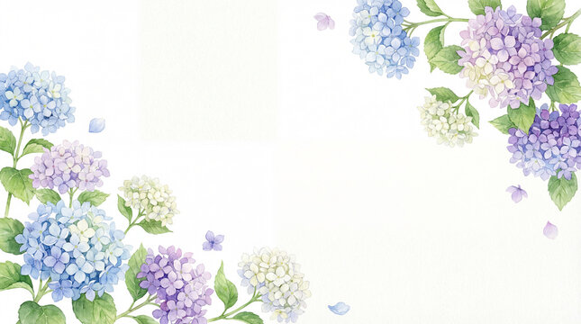 Watercolor hydrangea flowers in corner border with copy space banner