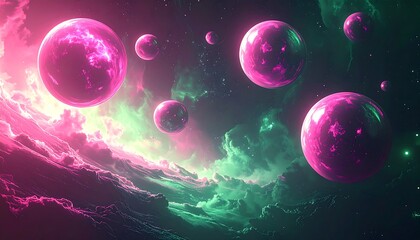 Naklejka premium Celestial spheres float amid nebulous clouds, bathed in vibrant magenta and teal galactic hues