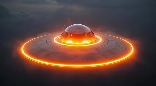 Glowing UFO hovering in dark mist, Futuristic flying saucer with bright orange lights hovering in a smoky dark atmosphere, dramatic sci-fi concept with mysterious alien technology.