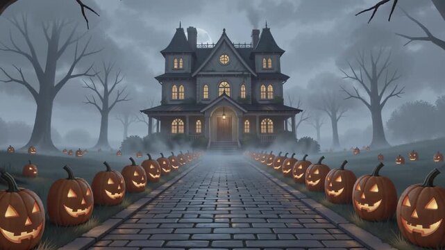 Spooky Halloween Haunted House with Glowing Jack O Lanterns Lining a Cobblestone Path under Full Moon at Night
