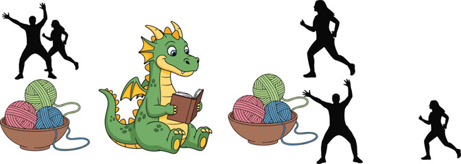 Fototapeta premium Cute cartoon dragon reading book with yarn balls and running people silhouettes illustration set representing creativity, hobbies, exercise and playful fantasy concept