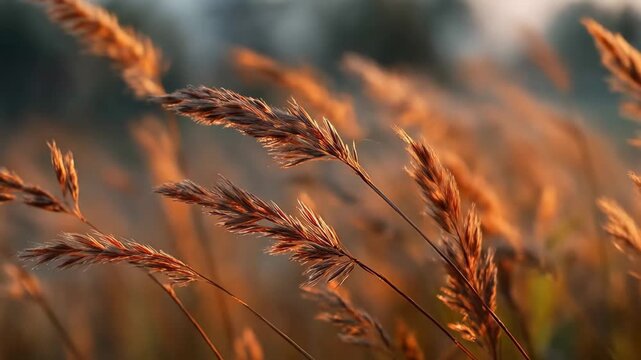 Delicate wheat stalks catch the warm sunlight, A cozy bedroom featuring a bed, a window, and wooden floors